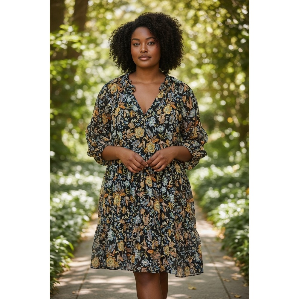 Lucky Brand Floral Tiered Mini Dress XL Gold Ruffle V-Neck Boho Chiffon Spring